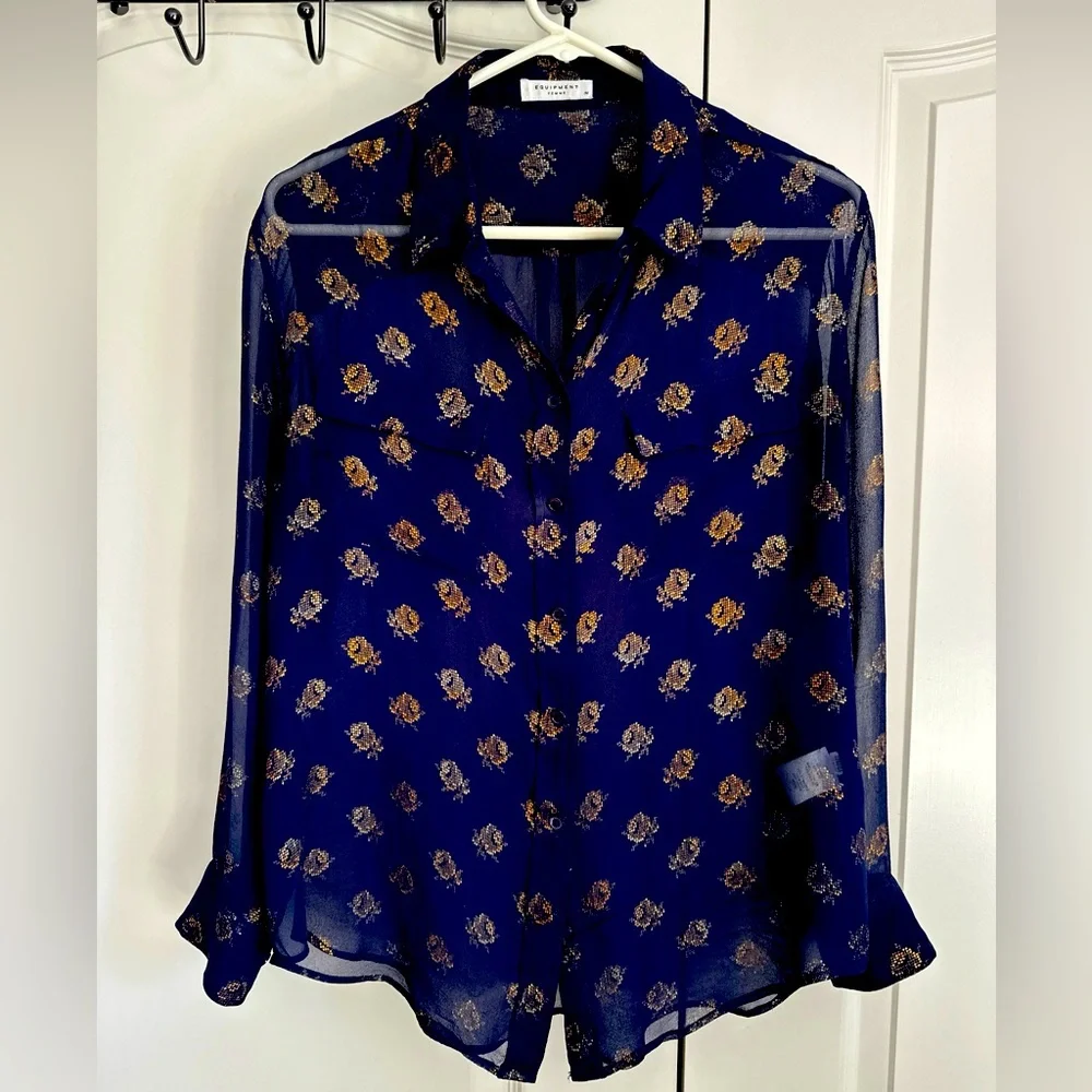 Equipment silk sheer Blouse Size M with Gold Leaf print - Picture 1 of 3